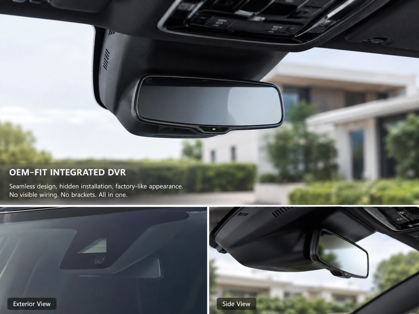 OEM-fit integrated automobile DVR seamlessly blended into the rearview mirror housing of a modern luxury vehicle, showing a hidden and clean design without visible wiring or brackets. OEM-fit integrated automobile DVR seamlessly blended into the rearview mirror housing of a modern luxury vehicle, showing a hidden and clean design without visible wiring or brackets.